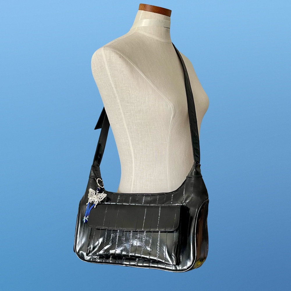 Vintage 80’s Genuine Black Eel Skin Leather Shoulder Bag Crossbody